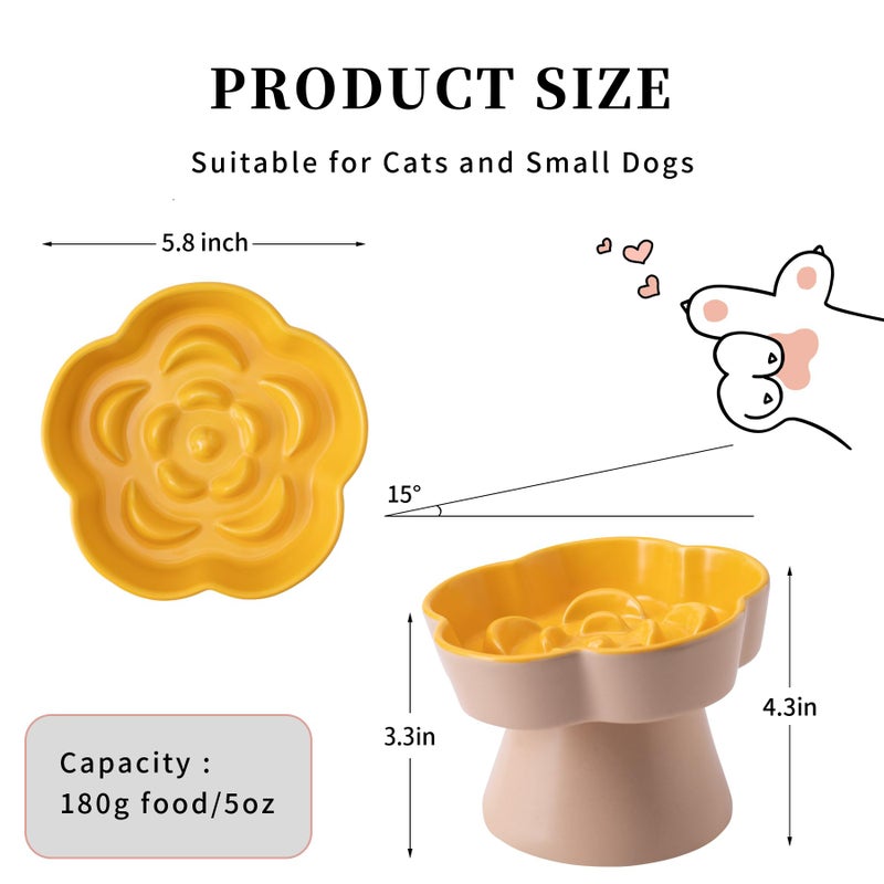 TRUNDISAN Tilted Cat Bowl, Flower-Shaped Ceramic Slow Feeder Cat Bowl, Raised Pet Bowl for Whisker Relief, Prevents Vomiting & Bloating, Non-Slip Base, Easy to Clean for Dry/Wet Food (Pink & Blue) - Image 2
