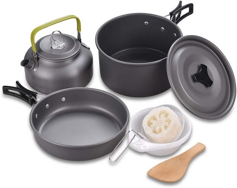 Linist Camping Cookware Mess Kit, Lightweight Hiking Cookware Set with Mesh Bag, Nonstick Aluminum Cooking Kit,Outdoor Pot Pan Kettle Backpacking Mess Kit with Bowls - Image 1