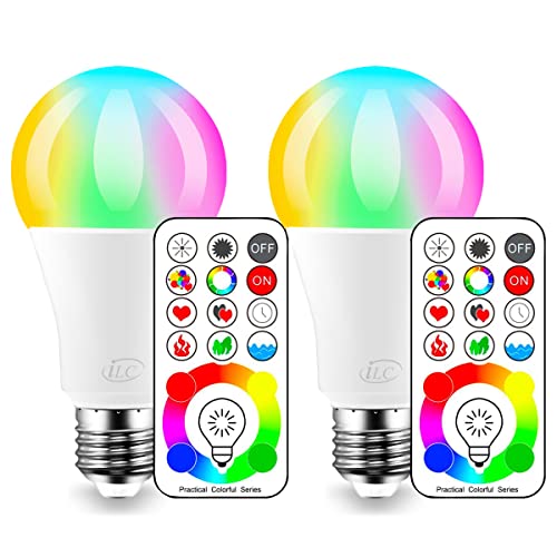 ILC LED Color Changing Light Bulb, 120 Colors, 5700K Daylight White, 70 Watt Equivalent with Remote Control RGBW RGB Daylight and White – Timing Function - A19 E26 Edison Screw (2 Pack) - Image 1