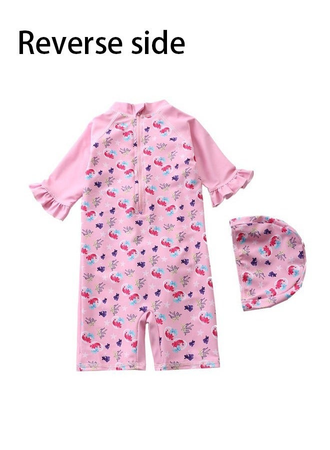 Children's Mermaid Swimsuit， Long sleeved One Piece Sun Proof kids Swimwear With Swim Cap For Height 70-120cm Girls