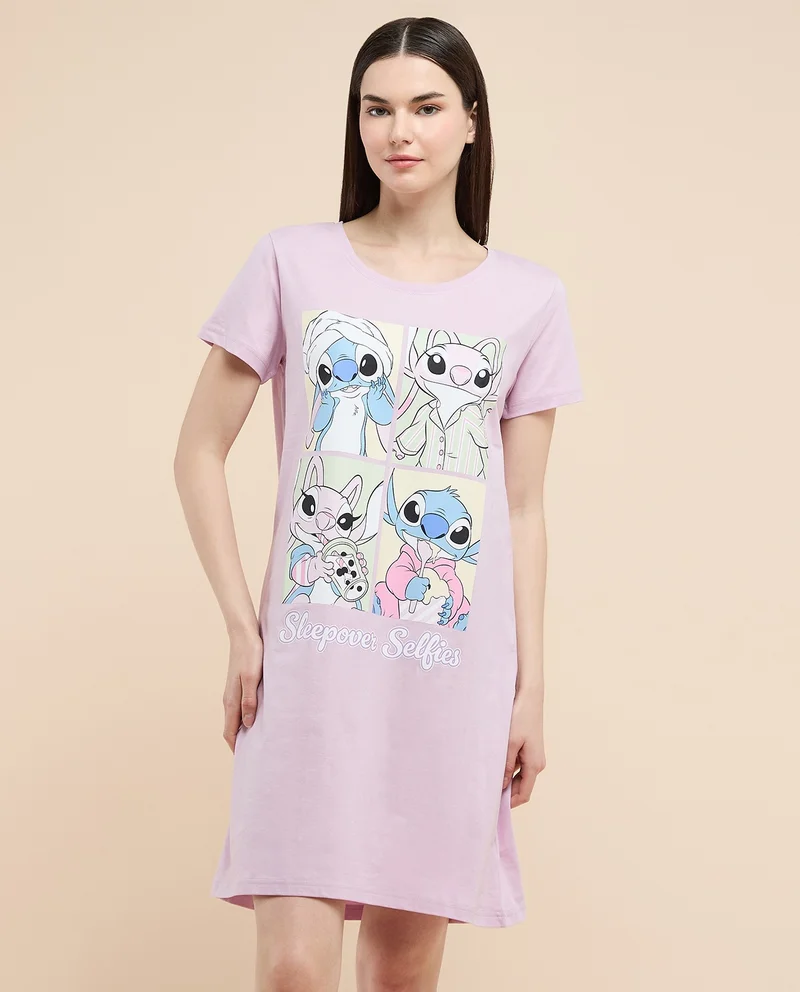 أر أند بي Stitch & Angel Printed Nightdress with Crew Neck and Short Sleeves