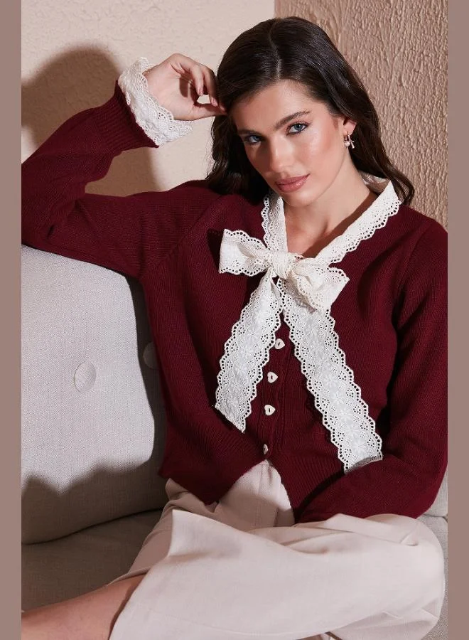 Lela Lela Premium Lace Tie Collar Regular Fit Buttoned Knitwear Cardigan Women's CARDIGAN 680HI00251