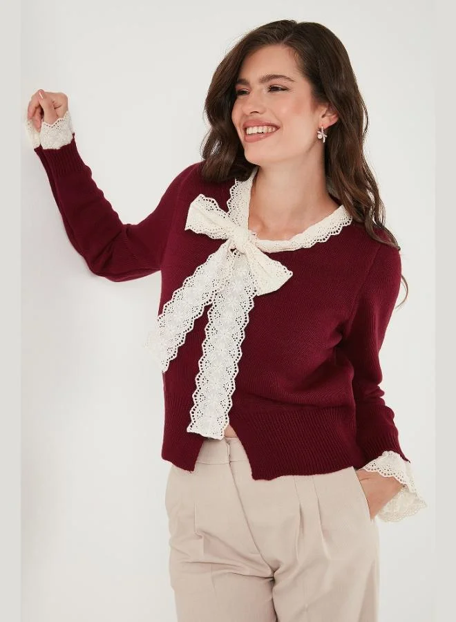 Lela Lela Premium Lace Tie Collar Regular Fit Buttoned Knitwear Cardigan Women's CARDIGAN 680HI00251