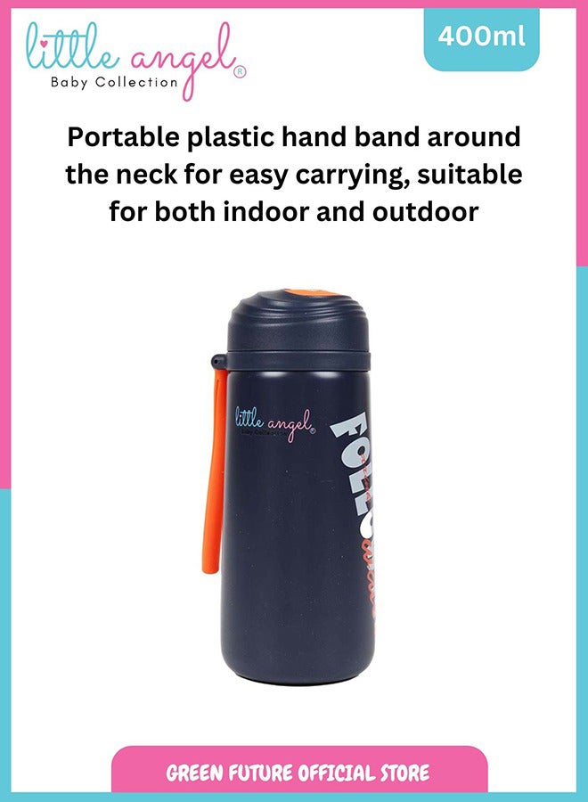 Little Angel Kids Water Bottle Stainless Steel With Screw-Top Lid 400 ML, Navy Blue - Image 4