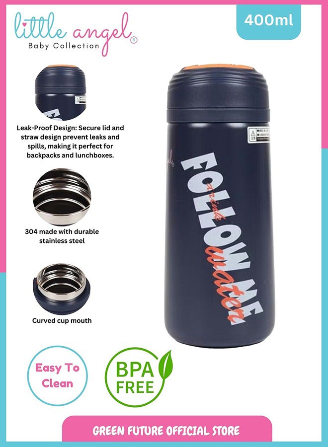Little Angel Kids Water Bottle Stainless Steel With Screw-Top Lid 400 ML, Navy Blue - Image 2