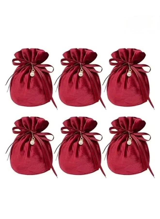 Generic 6 Pcs Velvet Bags, Round Bottom Drawstring Velvet Cloth Gift Pouches Jewelry Candy Gift Bags with Imitation Pearl Charm for Wedding Birthday Party Favors - Red - Image 1
