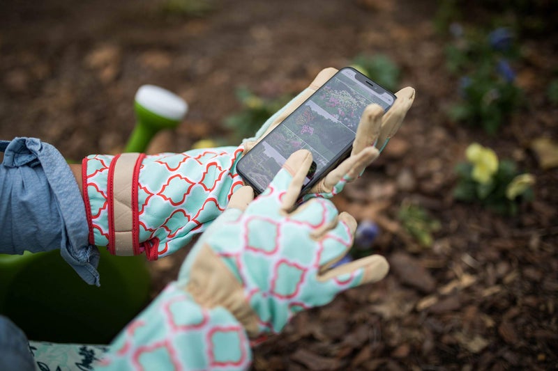 Digz Rose Pruning Vegan Leather Garden Gloves, Long Forearm Protective Cuff with Touchscreen Compatible Finger Tips, Red Geometric Pattern, Medium - Image 4