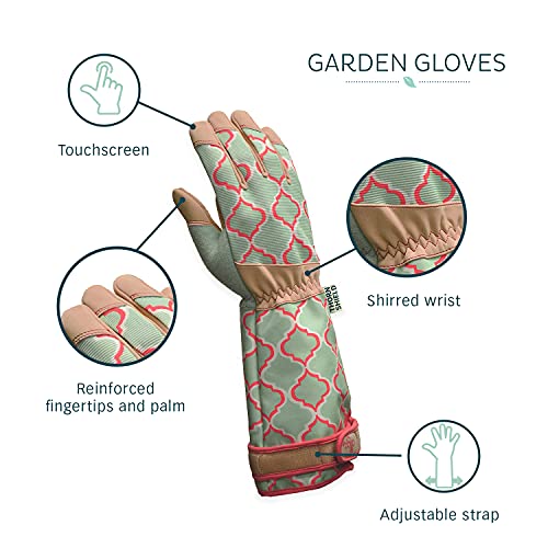 Digz Rose Pruning Vegan Leather Garden Gloves, Long Forearm Protective Cuff with Touchscreen Compatible Finger Tips, Red Geometric Pattern, Medium - Image 5