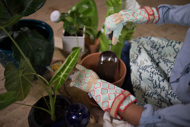 Digz Rose Pruning Vegan Leather Garden Gloves, Long Forearm Protective Cuff with Touchscreen Compatible Finger Tips, Red Geometric Pattern, Medium - Image 2