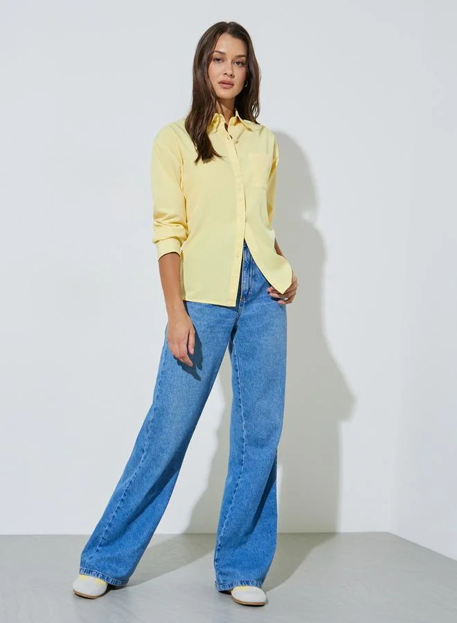 ستايلي Yellow Solid Patch Pocket Oversized Button-Up Shirt