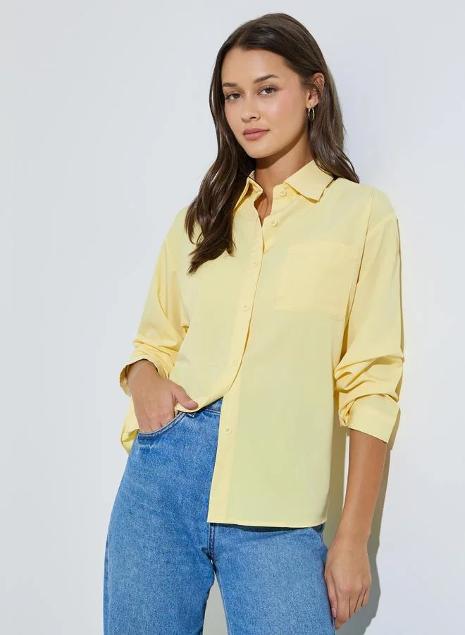 ستايلي Yellow Solid Patch Pocket Oversized Button-Up Shirt