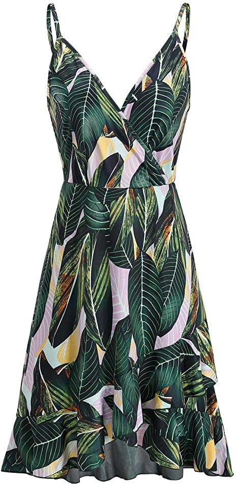 ULTRANICE Women Summer Dress Spring Beach Casual Sundresses Trendy Green Floral Wrap Flowy Vacation Outfits Clothes Wedding V-Neck Spaghetti Strap Midi Dresses(Green White Floral,M) - Image 4