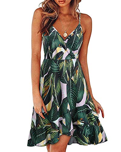 ULTRANICE Women Summer Dress Spring Beach Casual Sundresses Trendy Green Floral Wrap Flowy Vacation Outfits Clothes Wedding V-Neck Spaghetti Strap Midi Dresses(Green White Floral,M) - Image 5