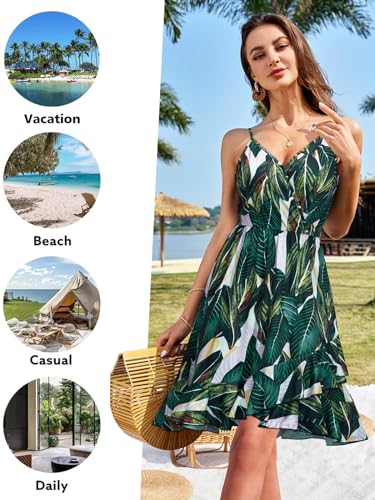 ULTRANICE Women Summer Dress Spring Beach Casual Sundresses Trendy Green Floral Wrap Flowy Vacation Outfits Clothes Wedding V-Neck Spaghetti Strap Midi Dresses(Green White Floral,M) - Image 3
