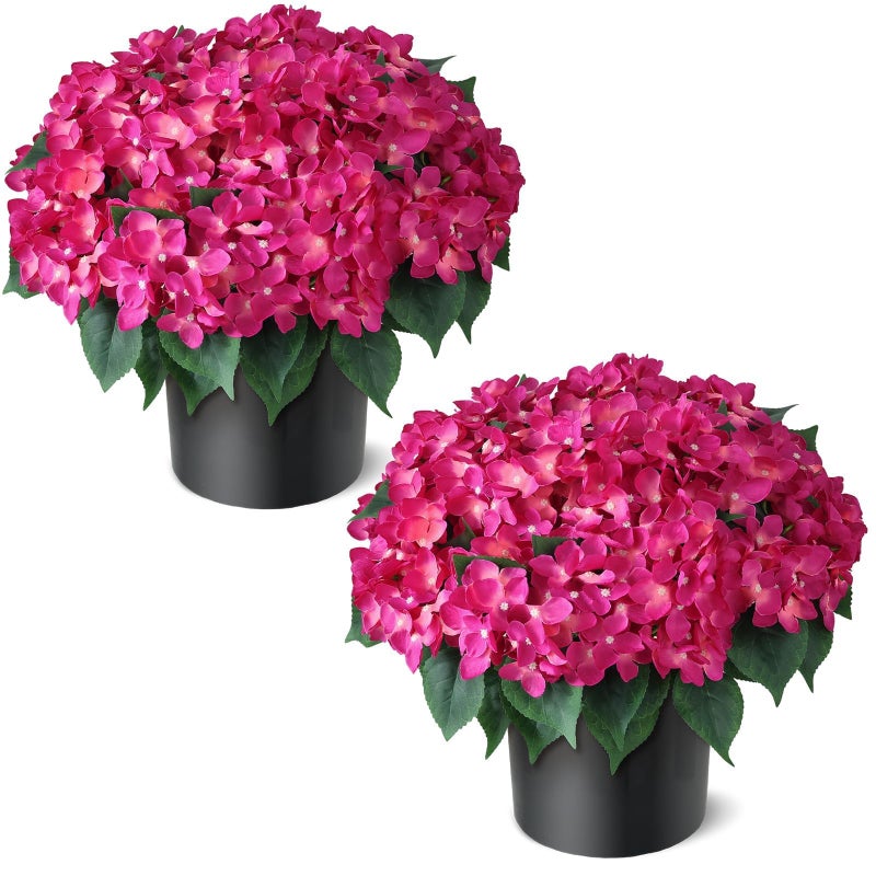 FOTEEWL Artificial Hydrangea Flower Topiary Trees - 2 Sets Faux Silk Flower Potted Plant, UV Resistant Fake Outdoor Hydrangea Bush for Front Door, Farmhouse,Garden, Porch Decor (Rose Red) - Image 1