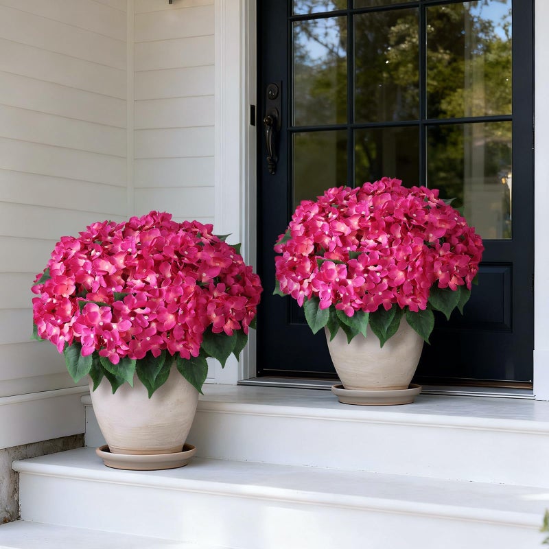 FOTEEWL Artificial Hydrangea Flower Topiary Trees - 2 Sets Faux Silk Flower Potted Plant, UV Resistant Fake Outdoor Hydrangea Bush for Front Door, Farmhouse,Garden, Porch Decor (Rose Red) - Image 2