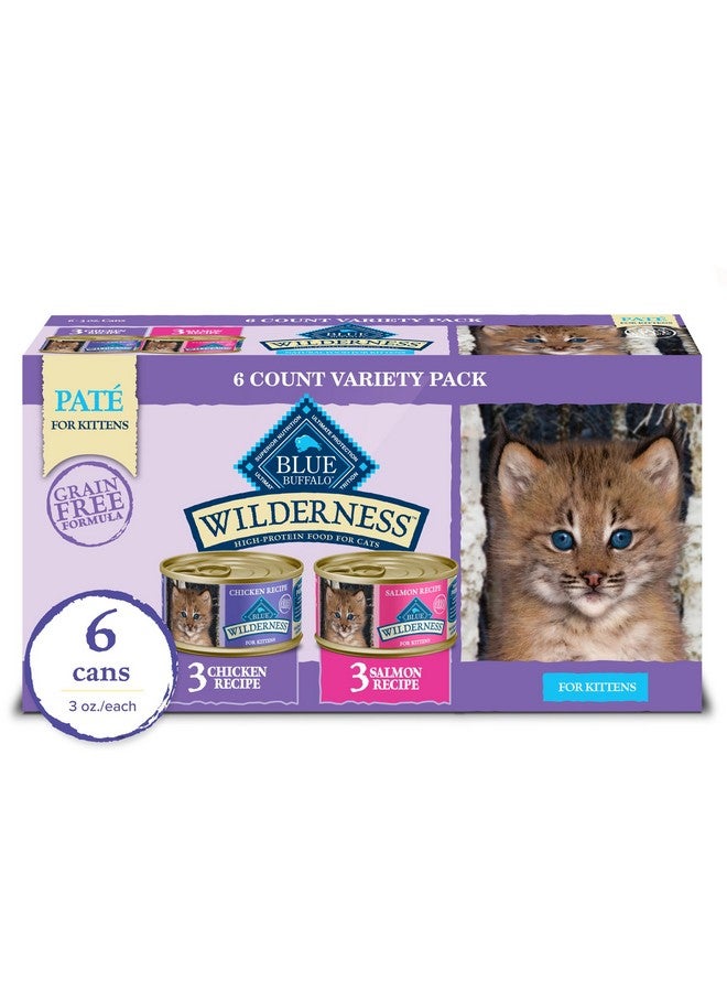 Blue Buffalo Wilderness Kitten Food, High-Protein & Grain-Free Wet Cat Food Paté Variety Pack, Chicken & Salmon Recipes, 3-oz. Cans (6 Count, 3 of Each) - Image 1