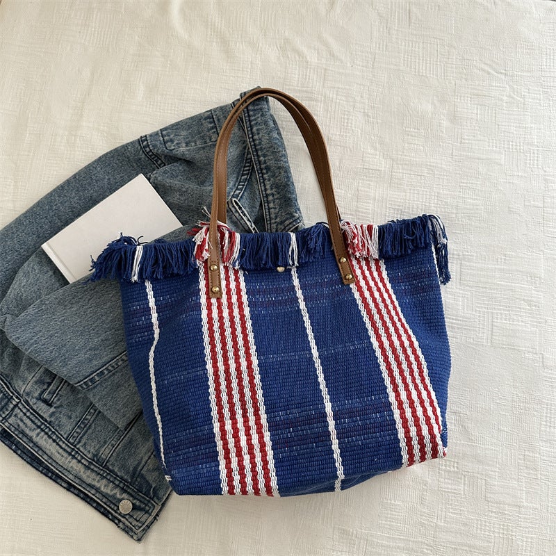 Commuter Canvas Tote Bag Fashionable Large Capacity Shoulder Tassel All-Match Woven Bag Canvas Bag - Image 1
