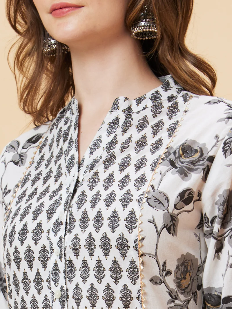 جلو باص Women Floral Printed Mandarin Collar Gotta Patti Pure Cotton Kurta With Trousers