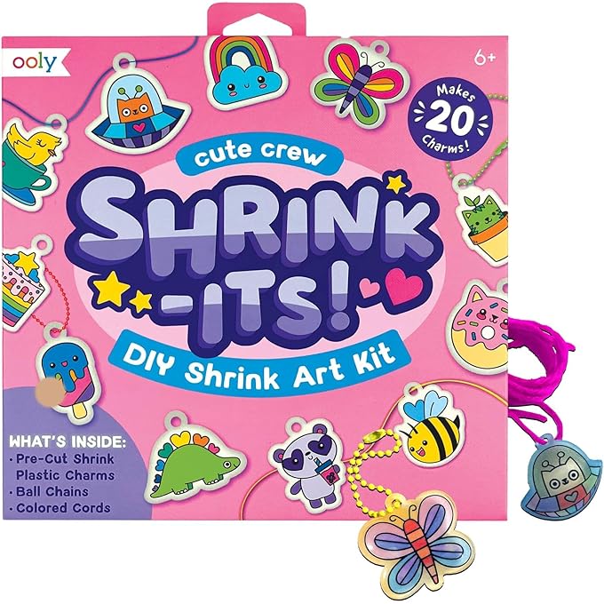 Shrink-Its 28 PC DIY Shrinking Art Kit That Creates Charms and Tags, Includes 20 Plastic Pre Cut Charms and More, No Mess Art for Kids, DIY Creative Activity, Ideal Party Favor - Cute Crew