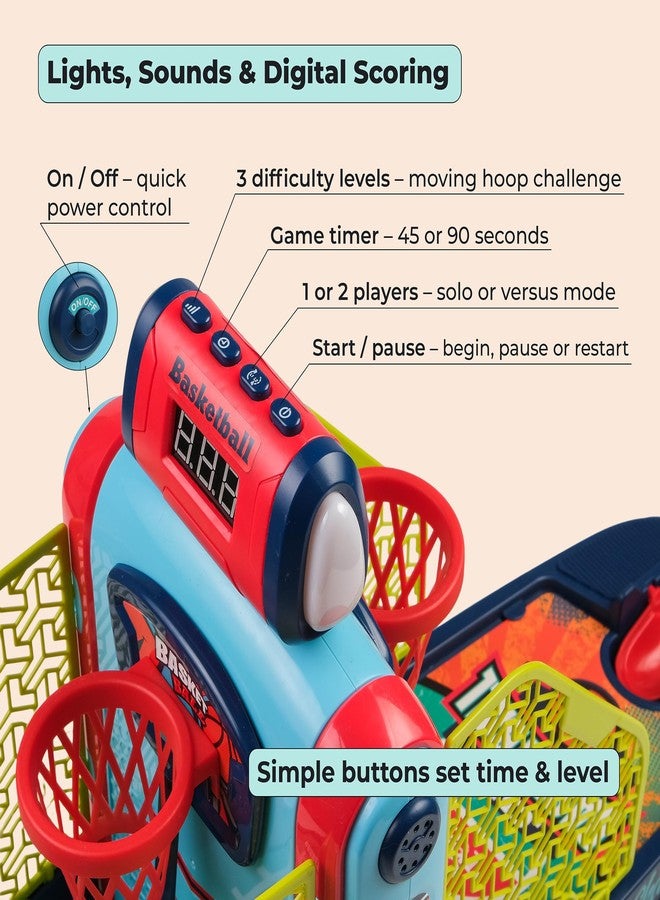 OLEOCA Tabletop Basketball Game - 2-Player Mini Basketball Game with Electronic Scoring & Timer, Two-Hoop Design for Desk Play, Moving Hoop Challenge for Kids - Image 3