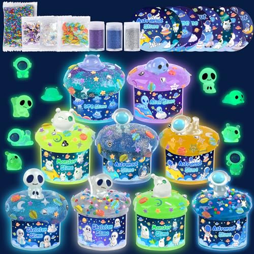 Okaybee Galaxy GlowinTheDark Slime Kit 9 Pack Space Slime with Astronaut Alien UFO Charms DIY Slimes Set Sensory Toys Slimes Party Favors for Kids Gift - Image 1