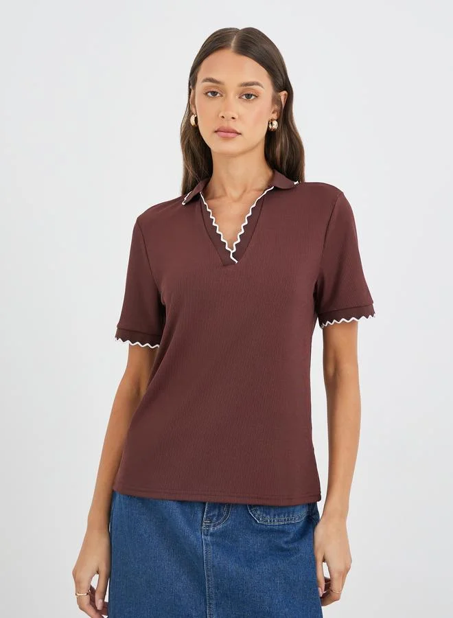 Styli Styli Rib Knit Short Sleeve Polo Neck Top