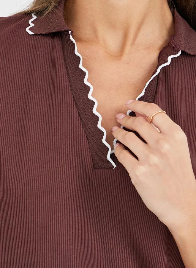 Styli Styli Rib Knit Short Sleeve Polo Neck Top