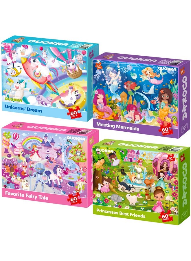 QUOKKA Puzzles for Kids Ages 4-6 - Set of 4x60 Jigsaw Puzzles for Toddlers 3-5 - Unicorn Princess Animals Toys for Children 6-8 yo - Gift Educational Game for Boys & Girls - Image 1