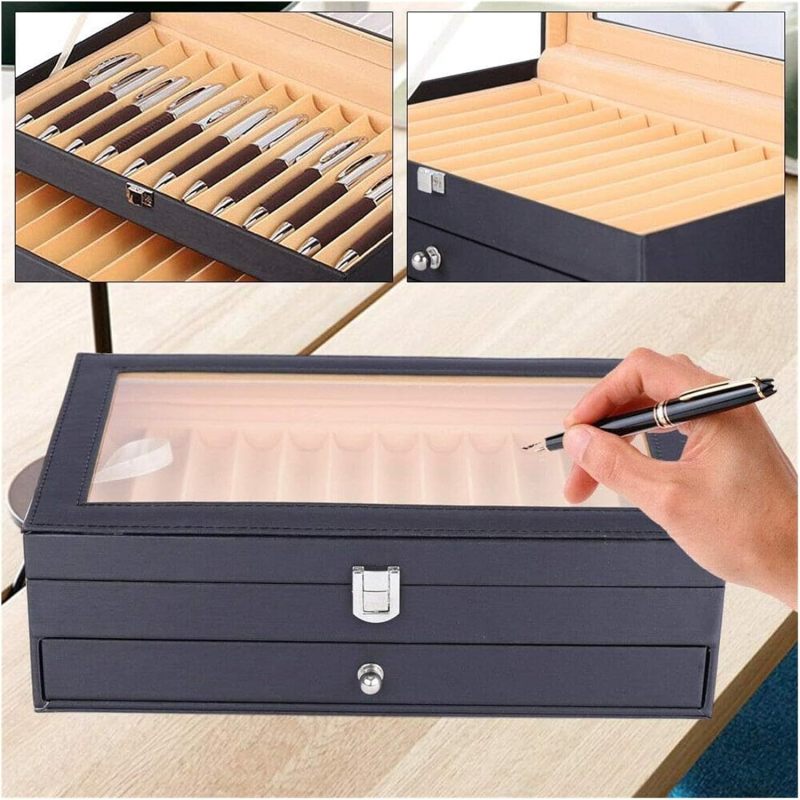 Ebony Wood Pen Storage Box: 24pcs Double Layer Transparent Design - Luxury Display Case for Pen Collectors - Image 3