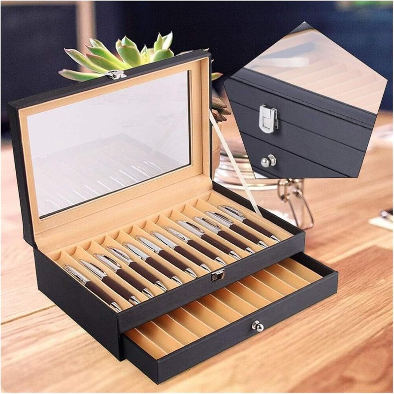 Ebony Wood Pen Storage Box: 24pcs Double Layer Transparent Design - Luxury Display Case for Pen Collectors - Image 5