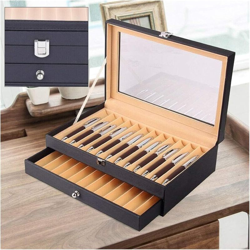 Ebony Wood Pen Storage Box: 24pcs Double Layer Transparent Design - Luxury Display Case for Pen Collectors - Image 4
