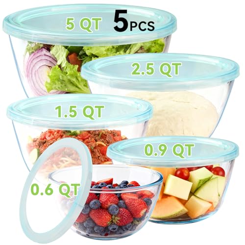 YUANYE 5 Pack Glass Mixing Bowls with Lids Set (5/2.5/1.5/0.9/0.6QT), Thick Glass Large Salad Bowl Set, Nesting Kitchen Bowls for Serving, Prepping, Cooking and Baking, Dishwasher,Oven,Microwave Safe - Image 1