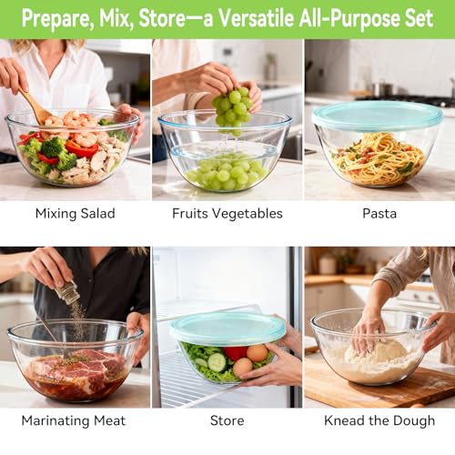 YUANYE 5 Pack Glass Mixing Bowls with Lids Set (5/2.5/1.5/0.9/0.6QT), Thick Glass Large Salad Bowl Set, Nesting Kitchen Bowls for Serving, Prepping, Cooking and Baking, Dishwasher,Oven,Microwave Safe - Image 2
