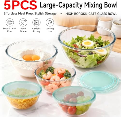 YUANYE 5 Pack Glass Mixing Bowls with Lids Set (5/2.5/1.5/0.9/0.6QT), Thick Glass Large Salad Bowl Set, Nesting Kitchen Bowls for Serving, Prepping, Cooking and Baking, Dishwasher,Oven,Microwave Safe - Image 5