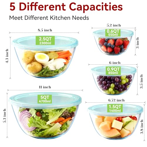 YUANYE 5 Pack Glass Mixing Bowls with Lids Set (5/2.5/1.5/0.9/0.6QT), Thick Glass Large Salad Bowl Set, Nesting Kitchen Bowls for Serving, Prepping, Cooking and Baking, Dishwasher,Oven,Microwave Safe - Image 4