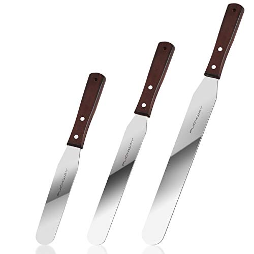 PUCKWAY Straight Cake Icing Spatula set of 3 Professional Stainless Steel Cake Decorating Frosting Spatulas, 6"-8"-10" Flexible Resistant Blade, Wooden Handle for Easy Grip - Image 1