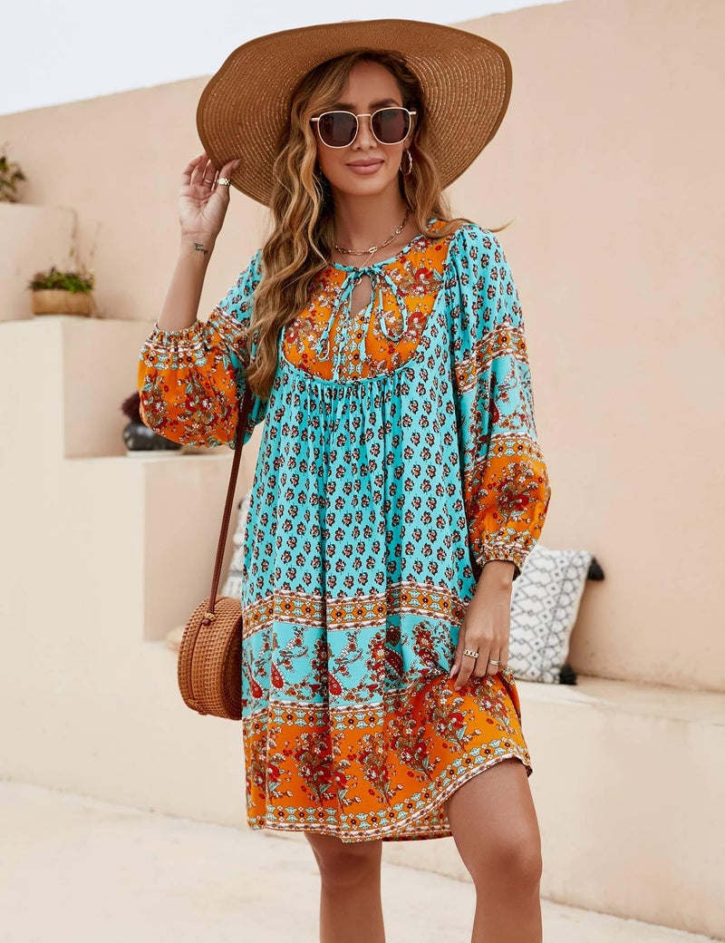 Bluetime Women Short Loose Floral Printed Mini Dress Beach Casual V Neck 3/4 Sleeve Cover up Dresses (L, Neo Mint) - Image 2