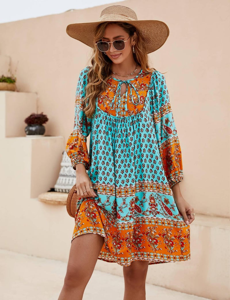 Bluetime Women Short Loose Floral Printed Mini Dress Beach Casual V Neck 3/4 Sleeve Cover up Dresses (L, Neo Mint) - Image 3