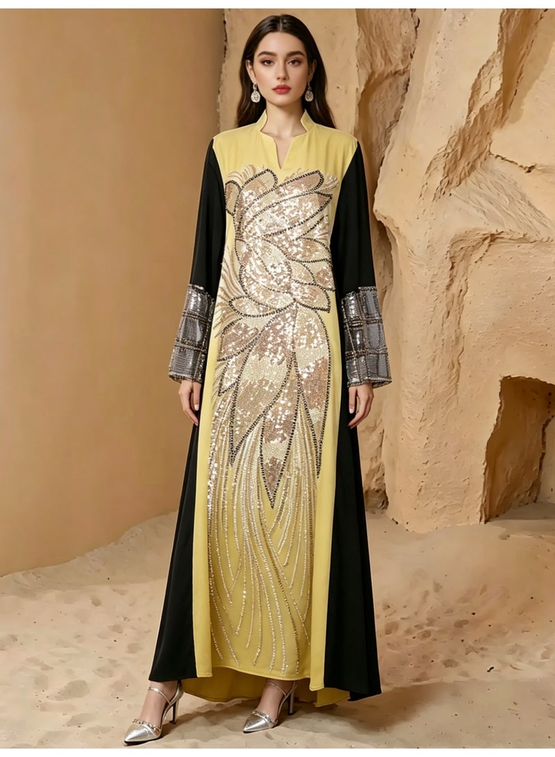 Kaiyuede Dubai Yellow & Black Contrast Gold Sequin Embroidered Abaya | Mandarin Collar V-Neck Opaque Lined Modest Dress for Wedding & Eid - Image 1
