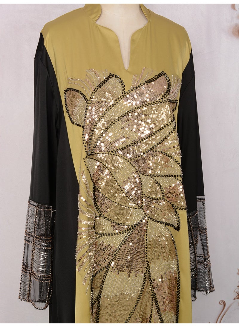 Kaiyuede Dubai Yellow & Black Contrast Gold Sequin Embroidered Abaya | Mandarin Collar V-Neck Opaque Lined Modest Dress for Wedding & Eid - Image 2