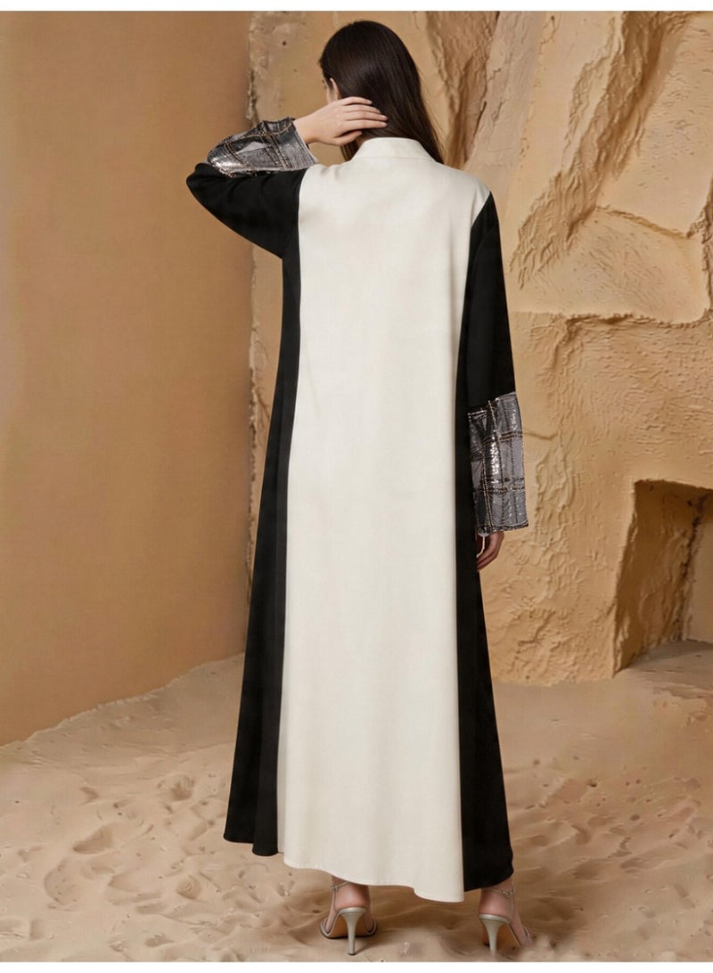 Kaiyuede Dubai Yellow & Black Contrast Gold Sequin Embroidered Abaya | Mandarin Collar V-Neck Opaque Lined Modest Dress for Wedding & Eid - Image 3
