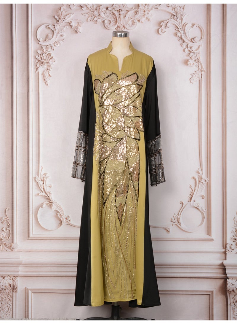 Kaiyuede Dubai Yellow & Black Contrast Gold Sequin Embroidered Abaya | Mandarin Collar V-Neck Opaque Lined Modest Dress for Wedding & Eid - Image 4