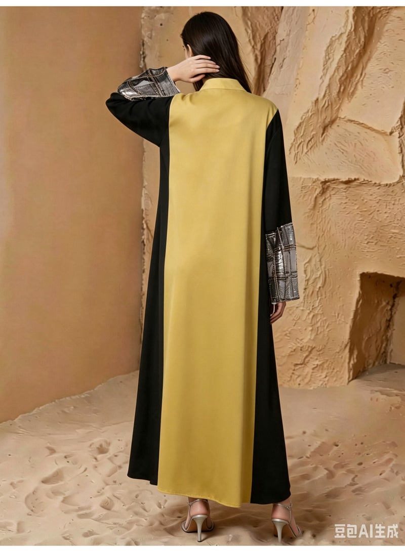 Kaiyuede Dubai Yellow & Black Contrast Gold Sequin Embroidered Abaya | Mandarin Collar V-Neck Opaque Lined Modest Dress for Wedding & Eid - Image 2