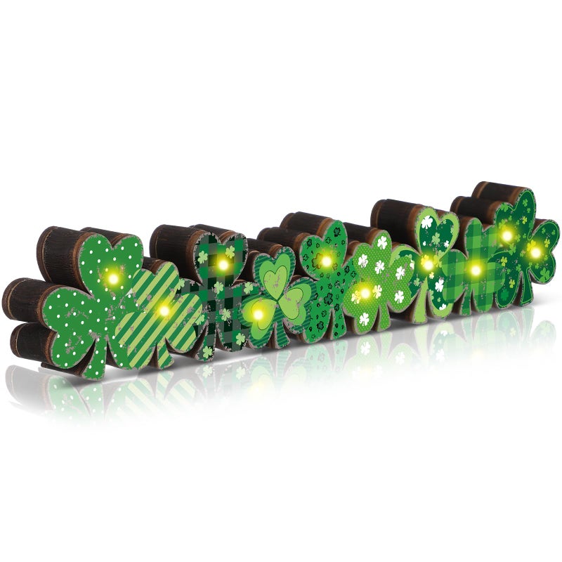 Yousoontic St Patricks Day Shamrock Decor Table Centerpieces Wooden Shamrock Sign Decorations with LED Lights Block Irish Farmhouse Green Decor for St Patricks Day Home Mantel Desk Office Party - Image 2