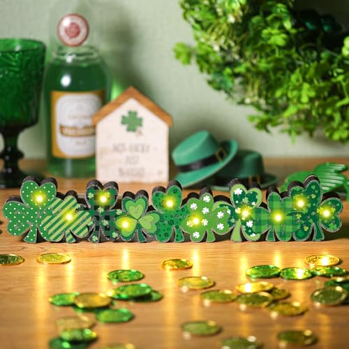 Yousoontic St Patricks Day Shamrock Decor Table Centerpieces Wooden Shamrock Sign Decorations with LED Lights Block Irish Farmhouse Green Decor for St Patricks Day Home Mantel Desk Office Party - Image 3
