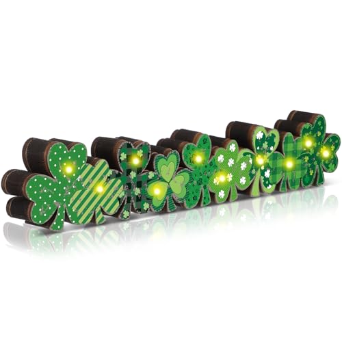 Yousoontic St Patricks Day Shamrock Decor Table Centerpieces Wooden Shamrock Sign Decorations with LED Lights Block Irish Farmhouse Green Decor for St Patricks Day Home Mantel Desk Office Party - Image 1