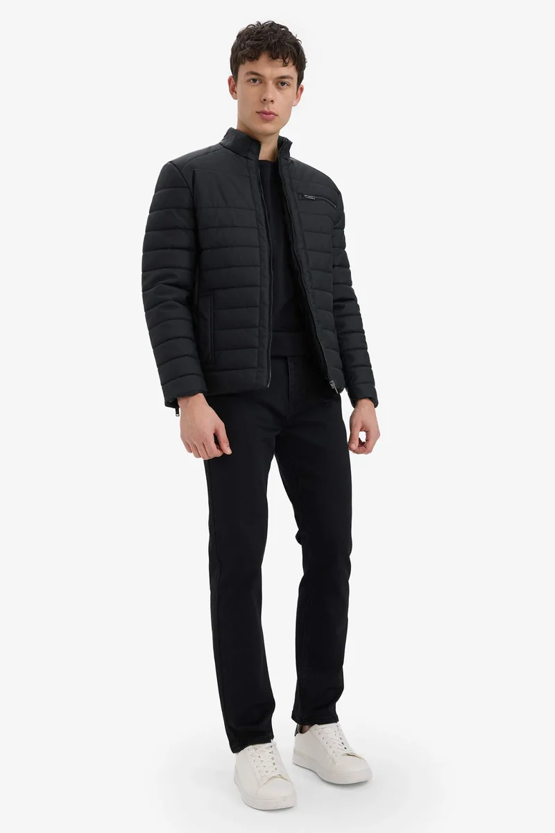 ديفاكتو Slim Fit Stand Collar Inside Pocket Faux Leather Waterproof Jacket