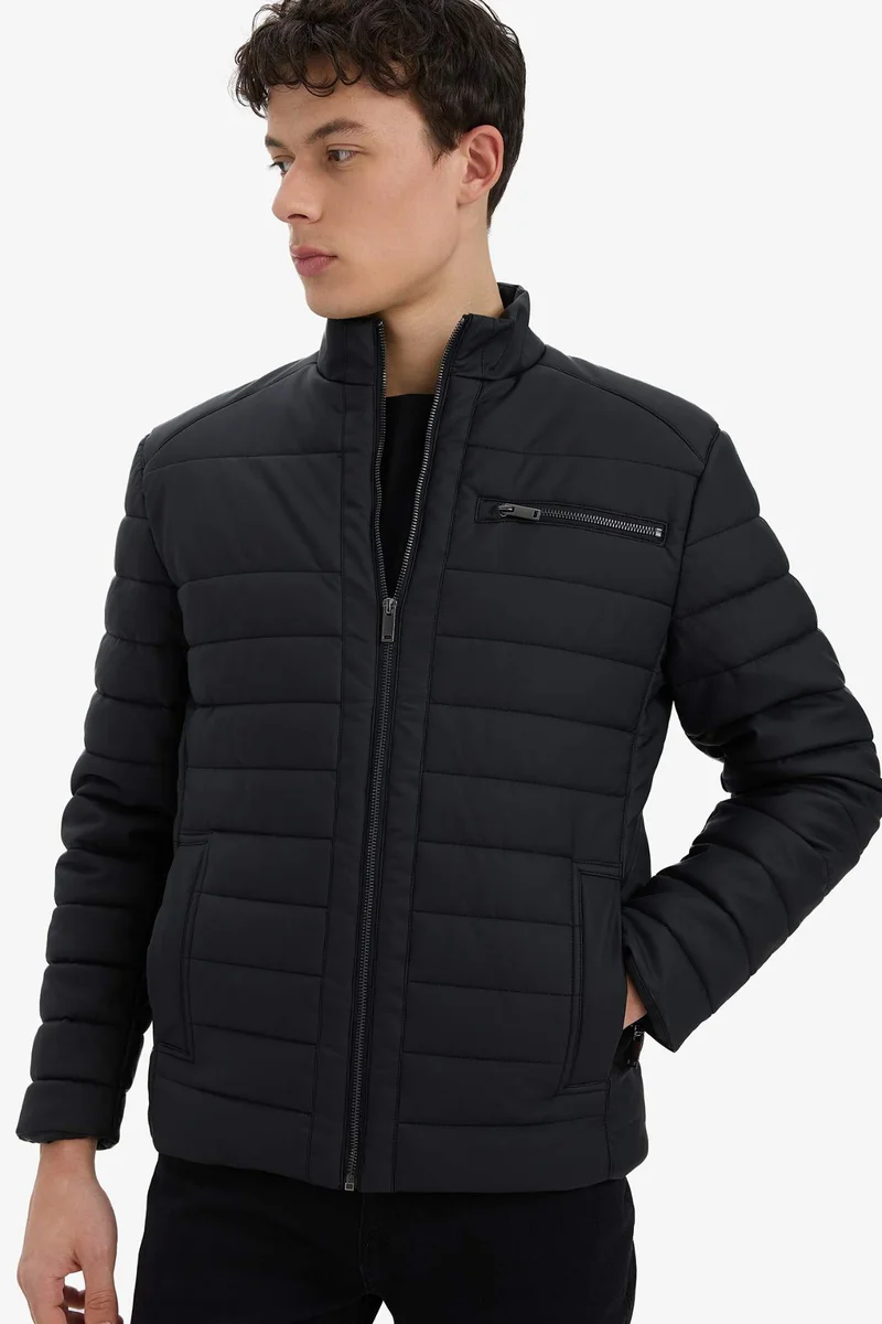 ديفاكتو Slim Fit Stand Collar Inside Pocket Faux Leather Waterproof Jacket