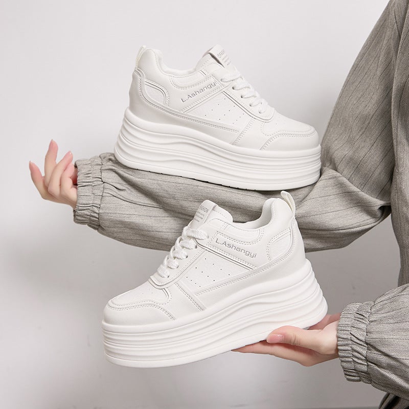 Women's White Chunky Platform Sneakers 8cm Height Increasing Casual Shoes - Image 1